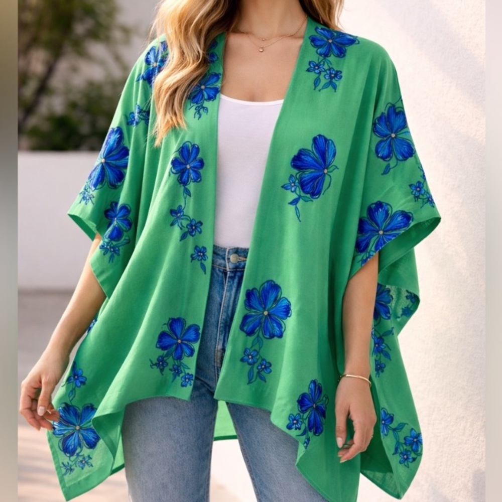 Chicos Floral Embroidered Kimono L/XL Green Blue Cottagecore Coastal Open Top